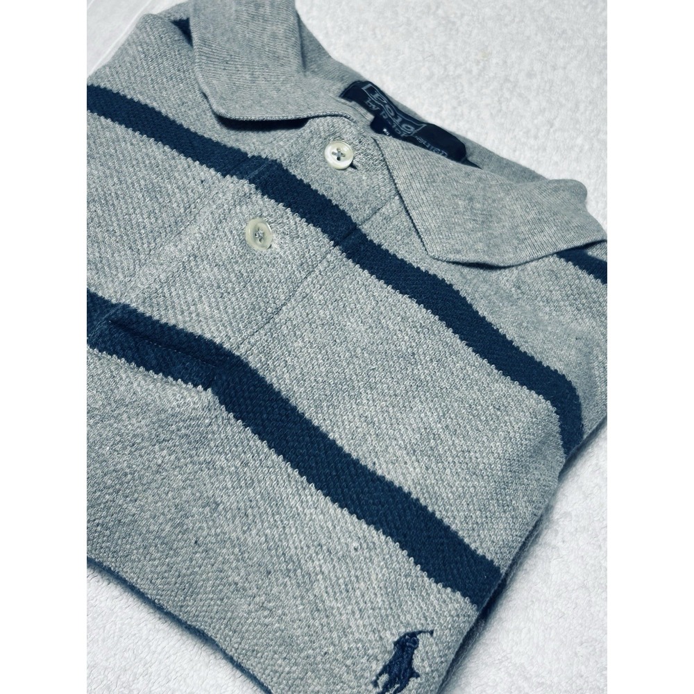 Polo by Ralph Lauren Gray/Blue Striped Mesh Knit Polo Shirt Men's L Short Sleeve